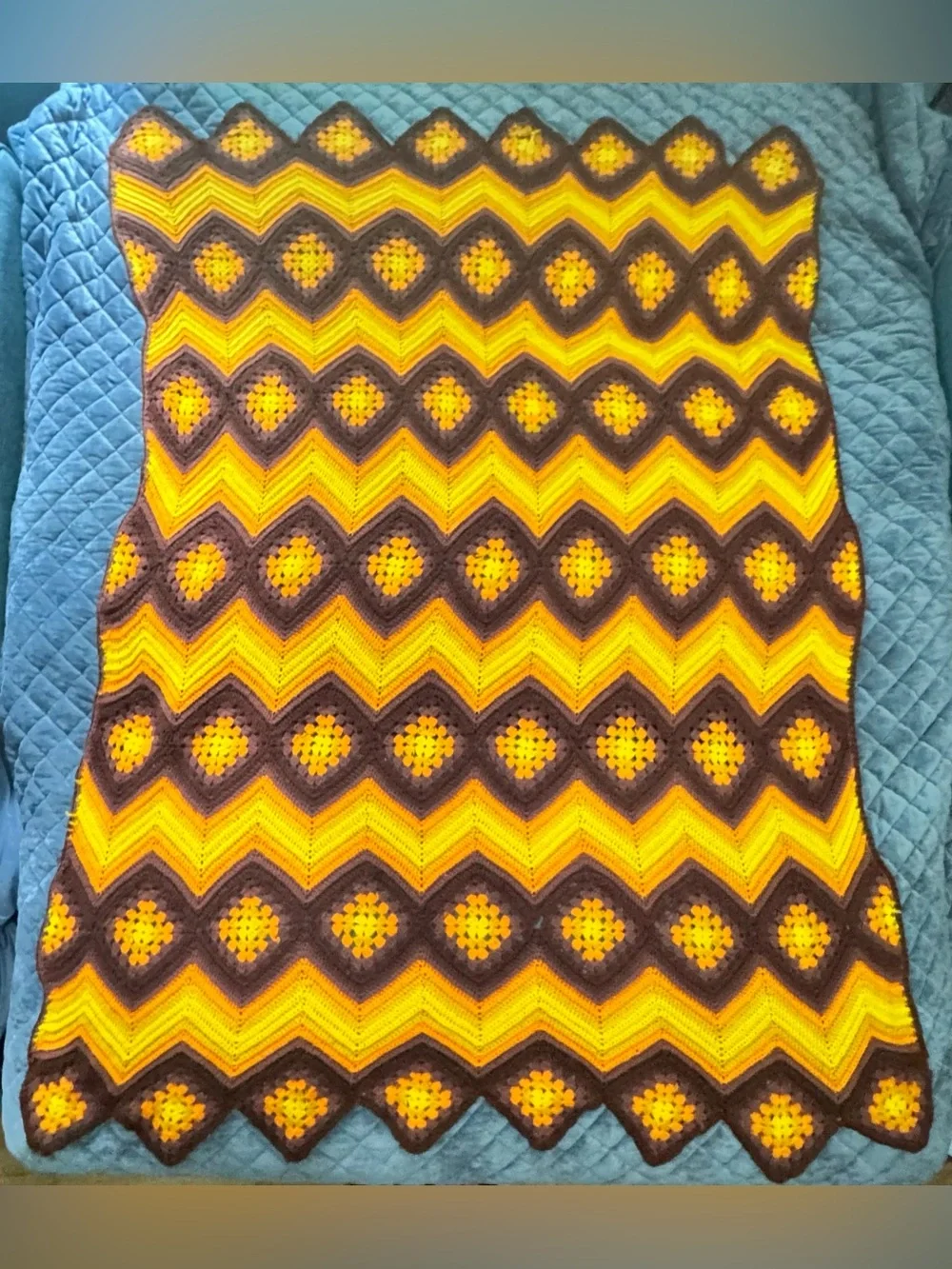 VTG 70s Throw Handmade Crochet Chevron Granny Square Yellow Brown Orange 52